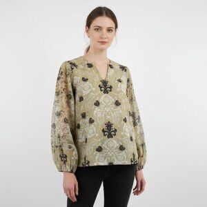 Custom Hand Stitched Blouse Womens Large Brown Black Lined Artisan Boho Top